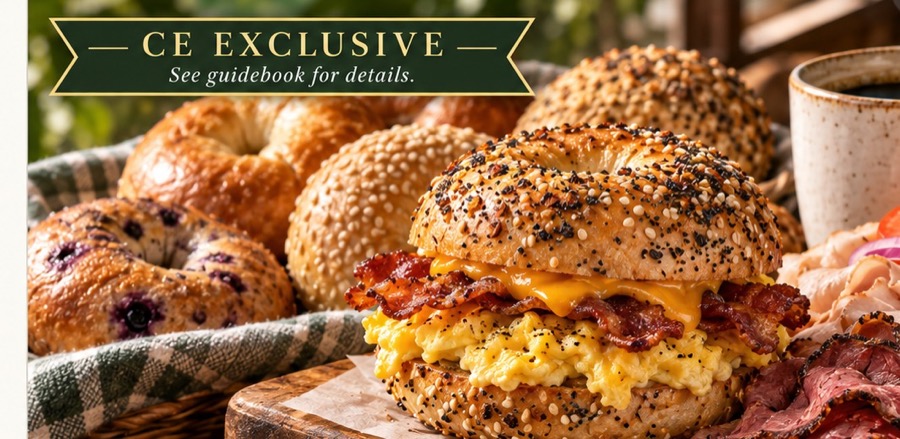 Breakfast bagel sandwich and deli spread at Mr. J's Bagels & Deli